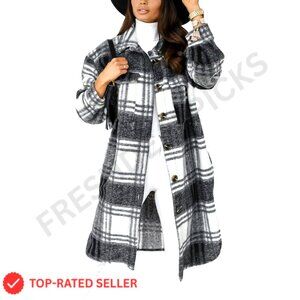 Oversized Plaid Shacket Wool Blend Long Coat Loose Fit Vintage Chic